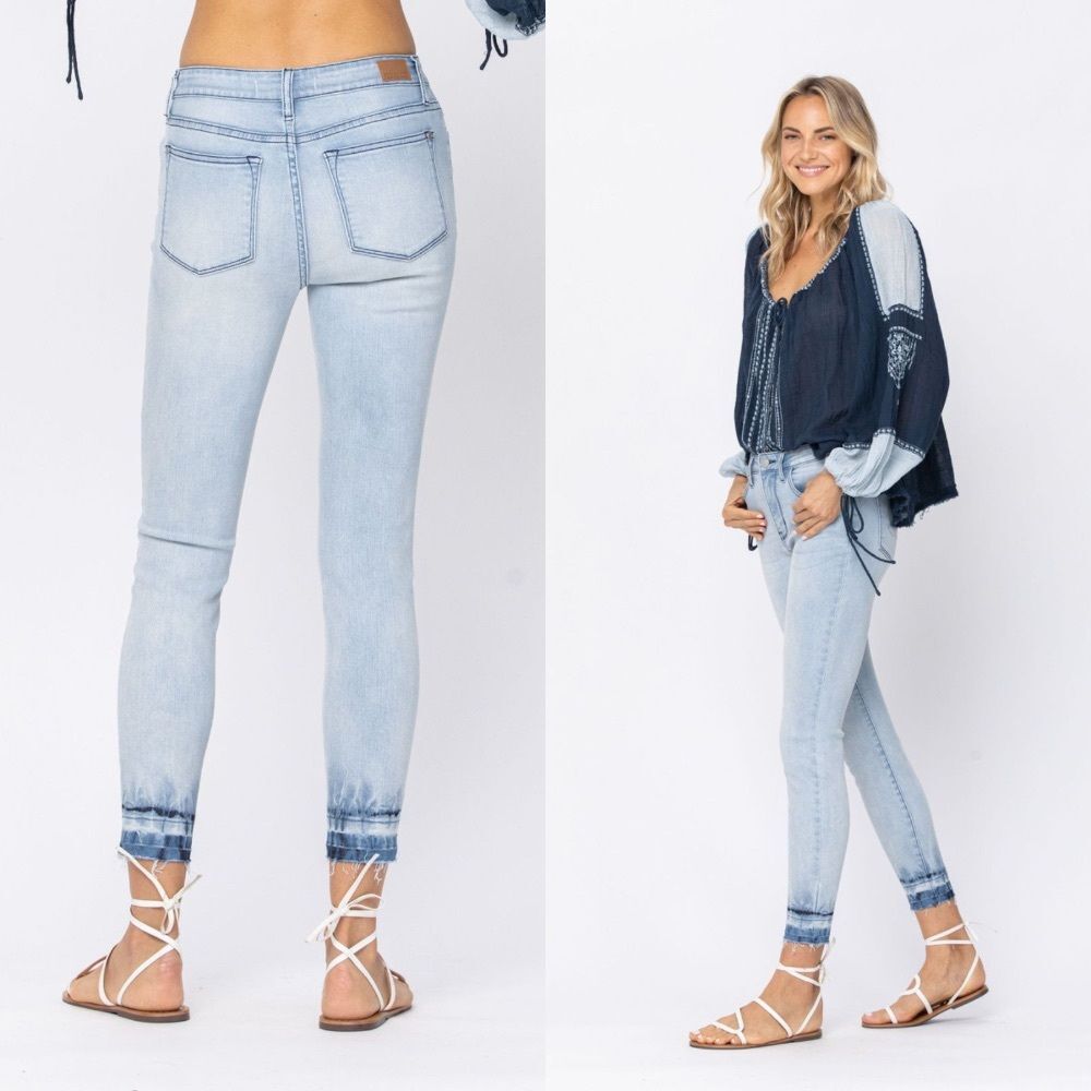 Judy Blue Jeans 9/29 Skinny Frayed Hem Tie-Dye Bottom High Rise Stretch